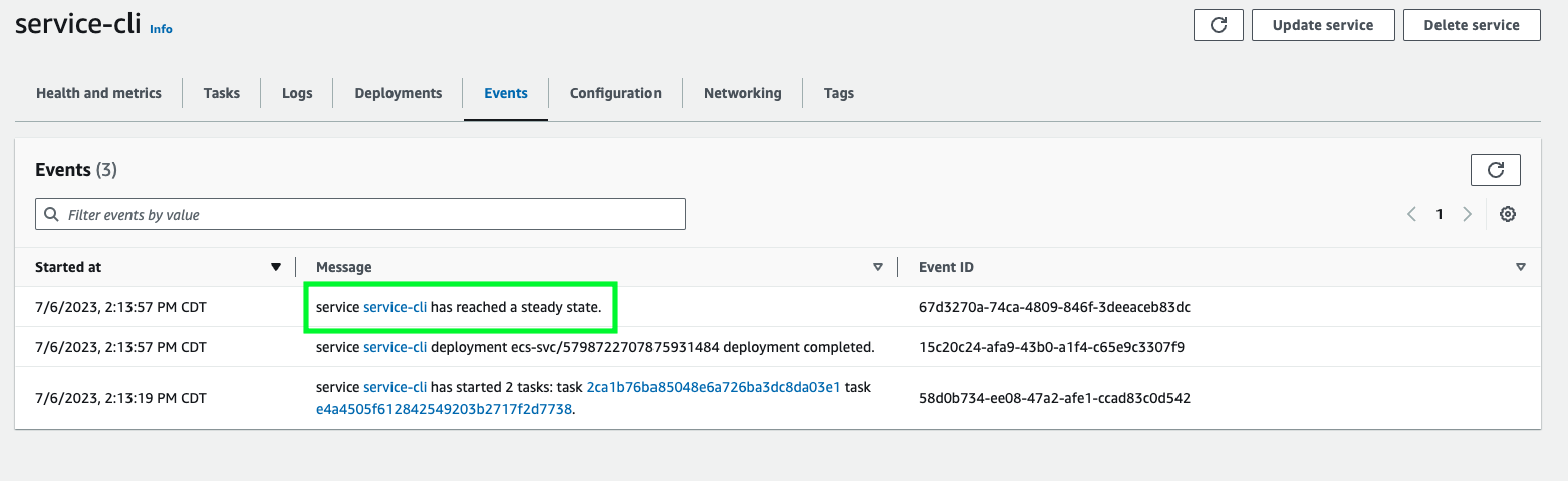 ECS service events from the AWS console