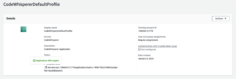 An image shows where you will find the Application ARN after you click on you AWS managed application. 