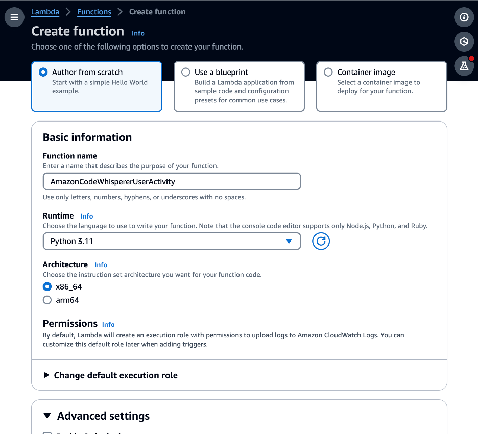 This image depicts how to configure your AWS Lambda function for tracking user activity in CodeWhisperer. 