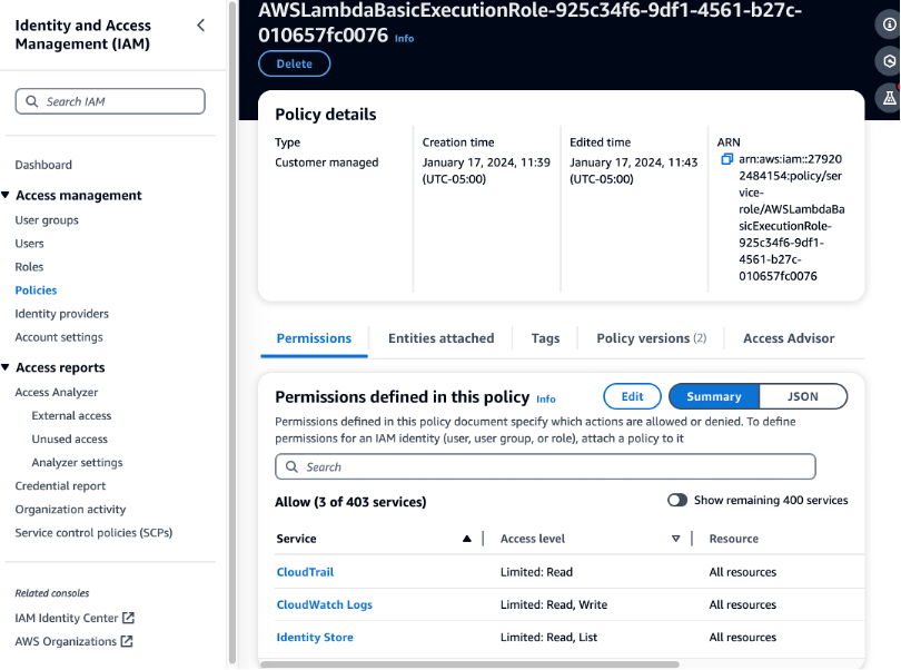 This image depicts the permissions after the Lambda policies are updated.