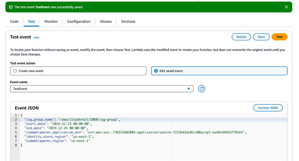 This image depicts an example of creating a test event for the Lambda function with example JSON parameters entered. 