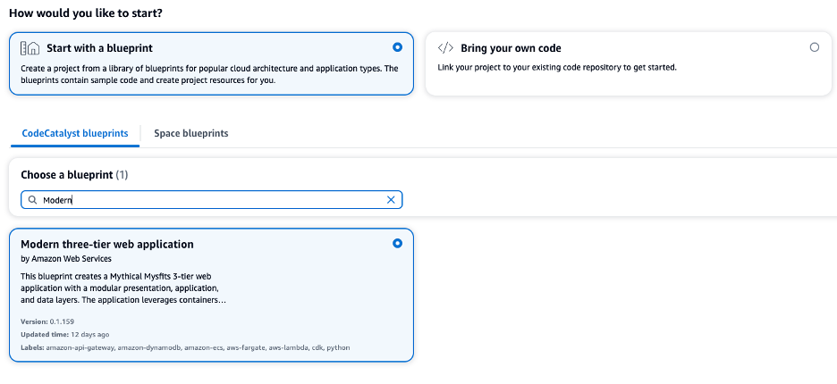 Figure 2: Creating a new Modern three-tier application blueprint