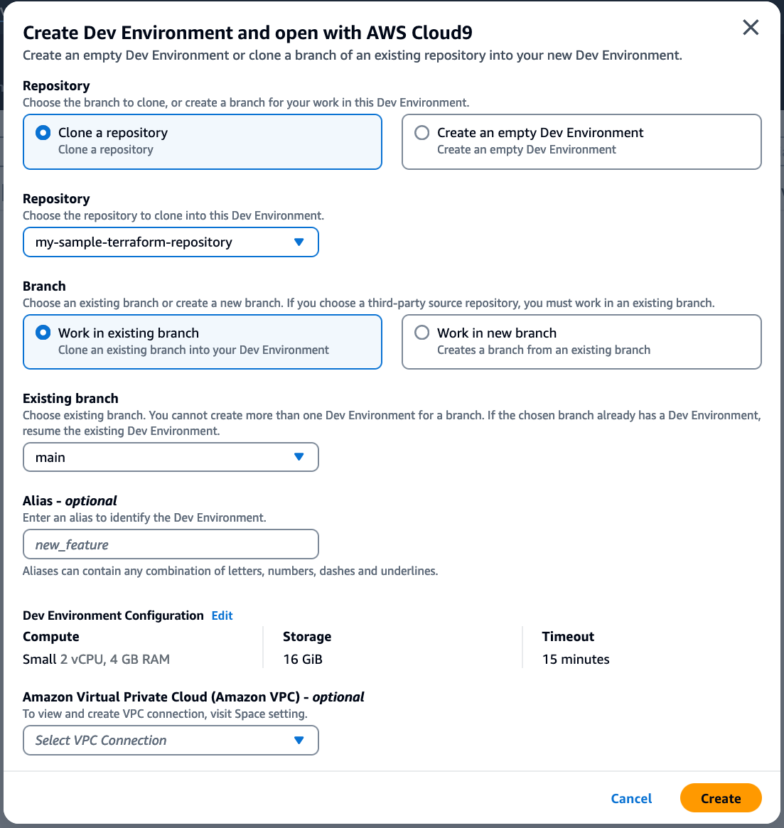 Create CodeCatalyst Dev Environment