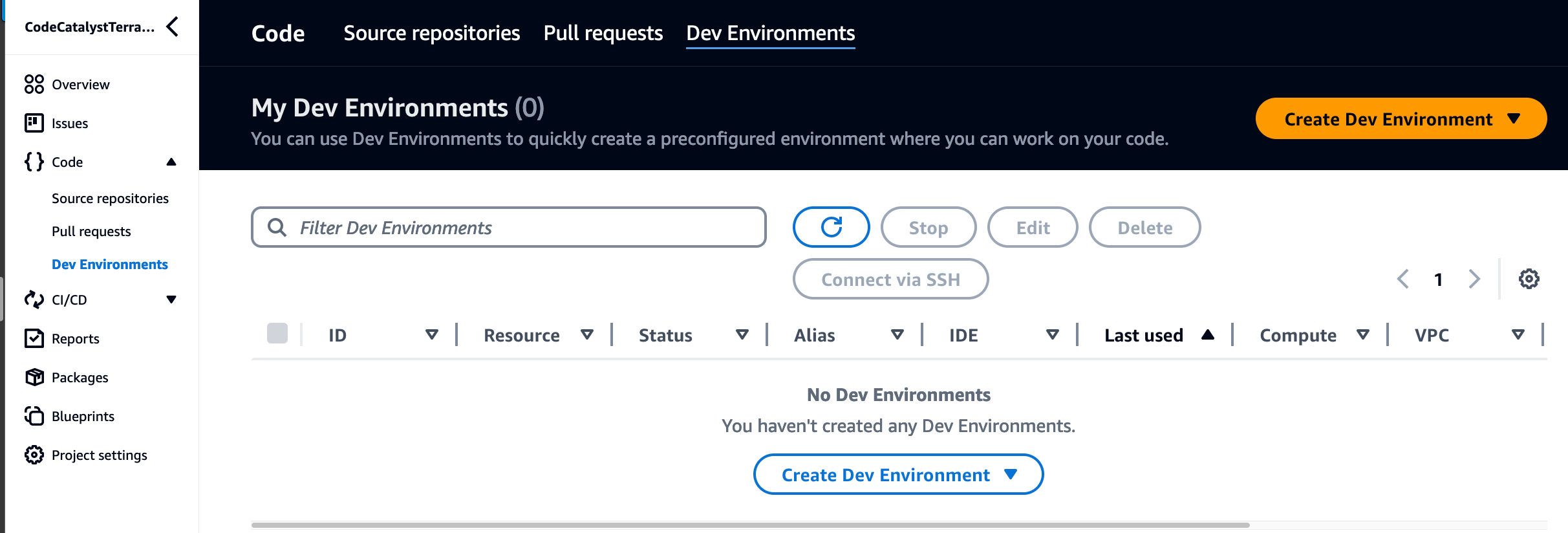Navigate to CodeCatalyst Dev Environments