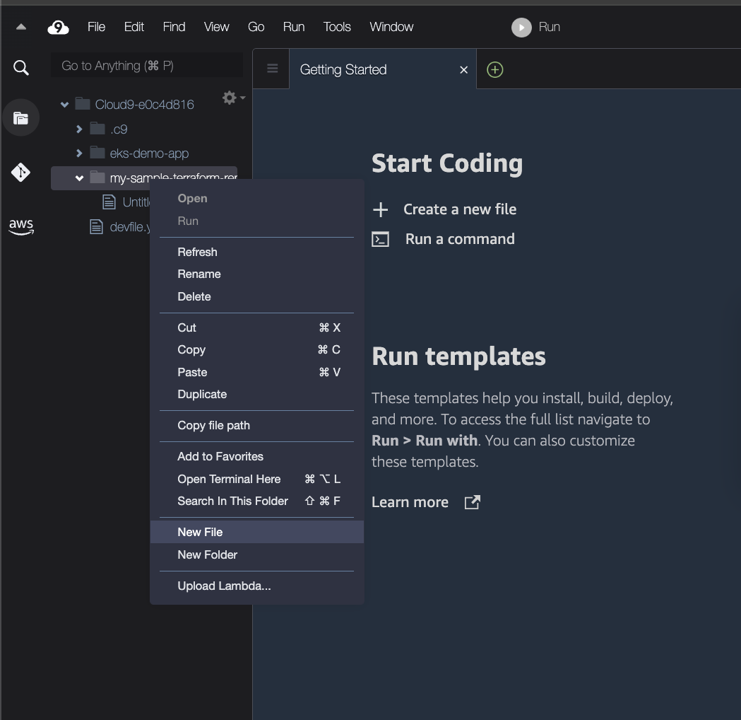 Creating a new file in Cloud9