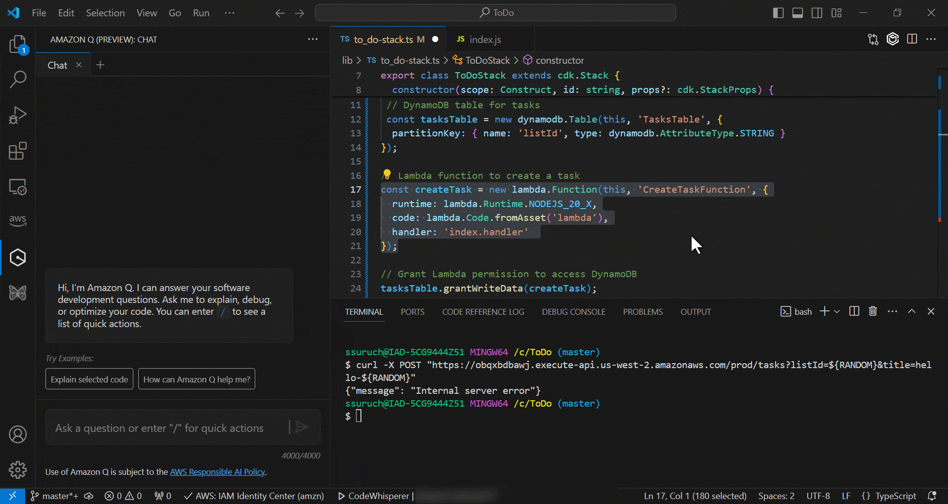 Ask Amazon Q Developer to generate CDK.