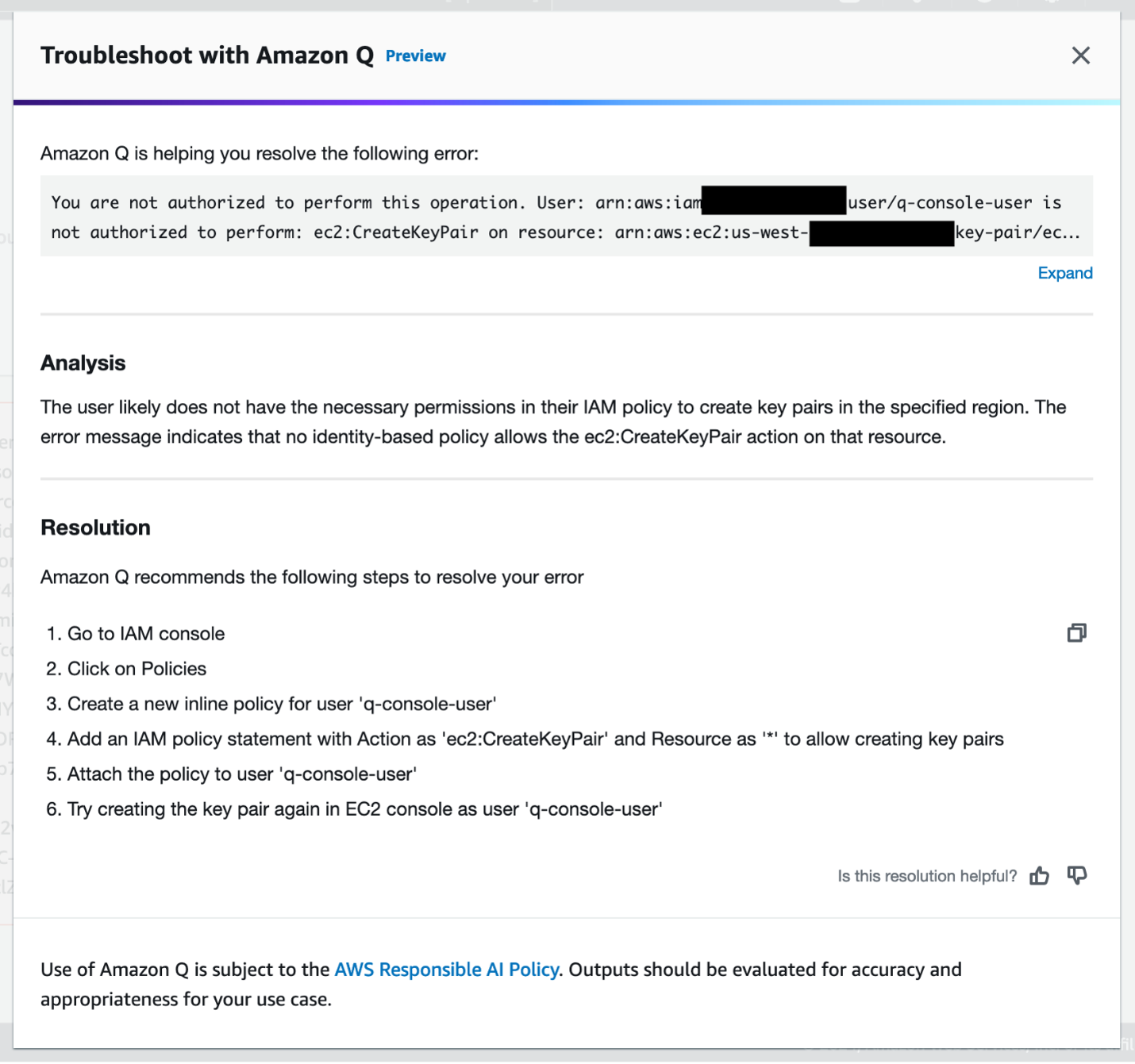 Figure 13 - Amazon Q troubleshooting resolution