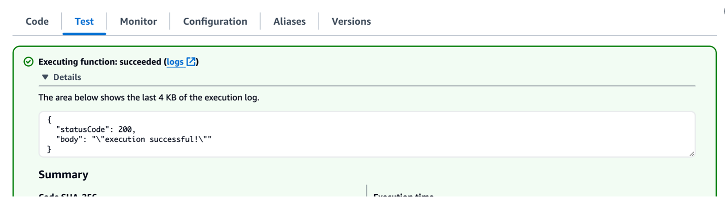 Figure 19 - Lambda function successfully run