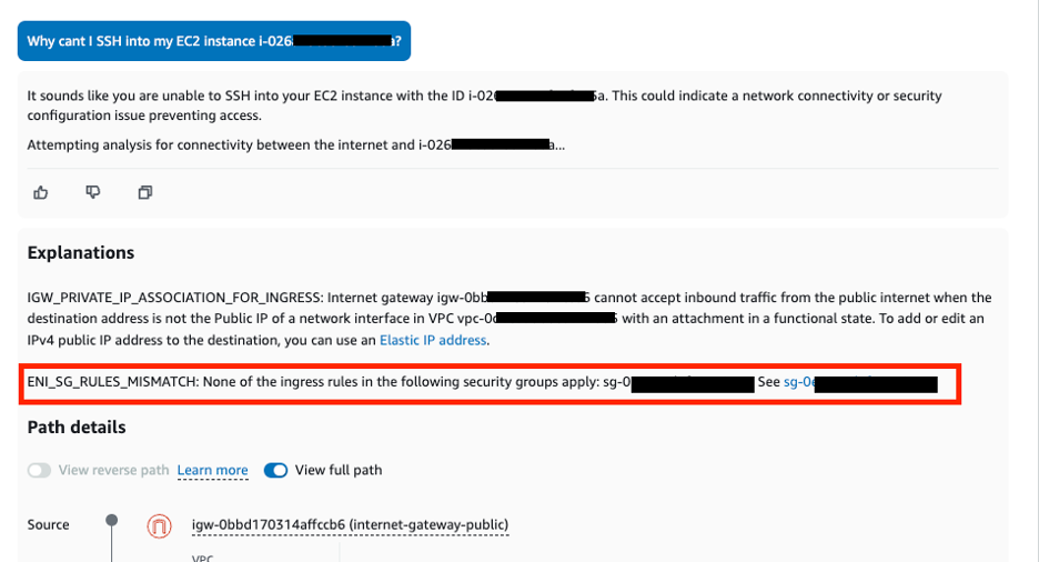 Figure 3 - Response from Amazon Q network troubleshooting