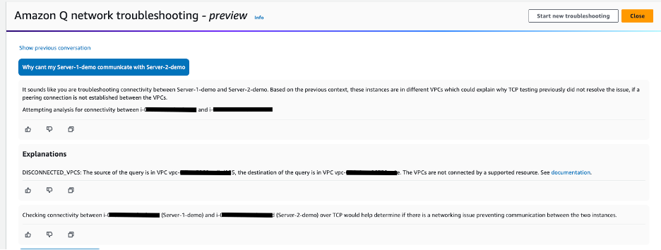 Figure 8 - connectivity troubleshooting response generated by Amazon Q