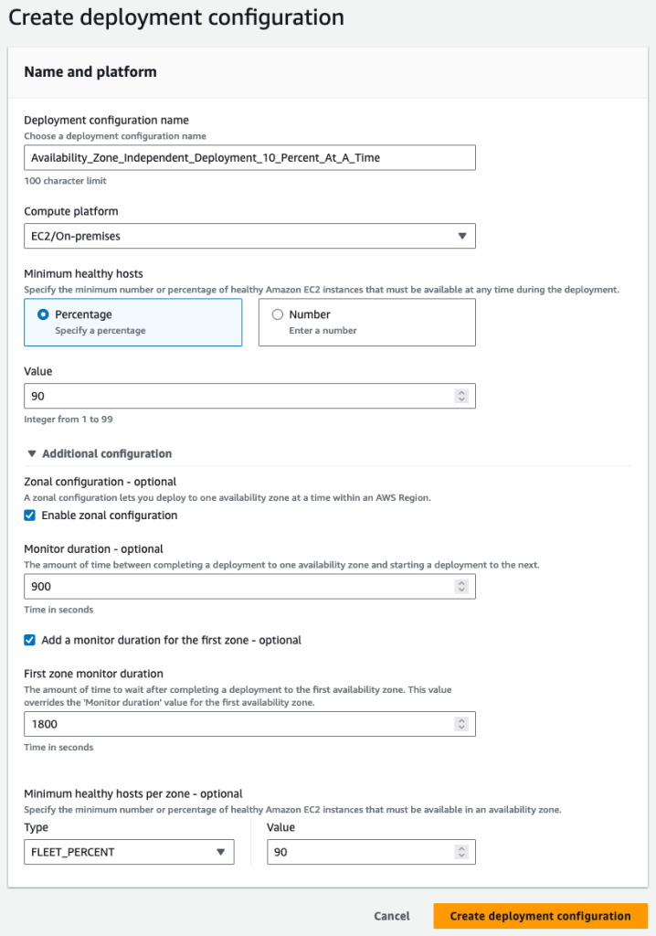 The configuration options for a CodeDeploy deployment configuration using a zonal configuration