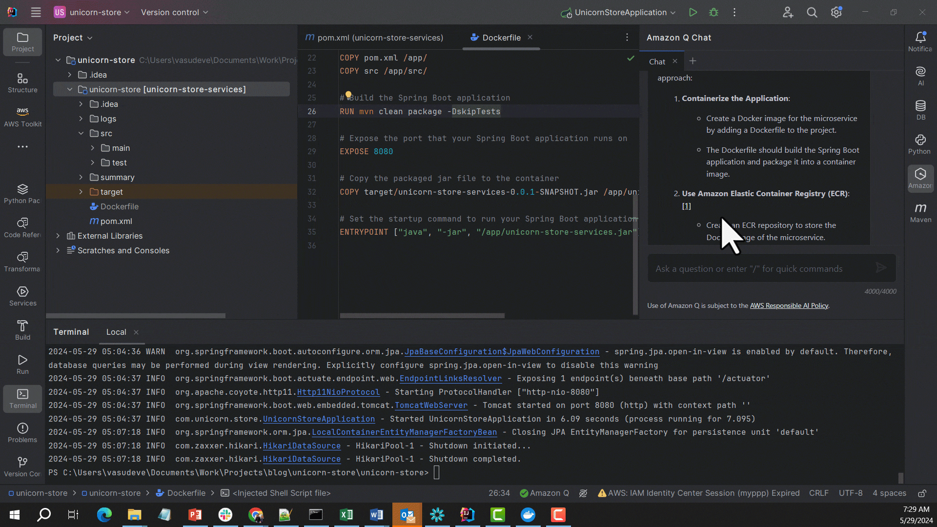 In the IntelliJ IDE, user copies the steps outlined in the previous conversation, and asks Amazon Q Developer to create a CloudFormation template to deploy this application to AWS. Amazon Q Developer creates the full CloudFormation template to deploy all resources. User creates a new YAML file, and copies the contents from the chat window to the new file. The generated CloudFormation contains the steps to deploy VPCs, subnets, ECR, ECS cluster, Tasks, LoadBalancer, CloudWatch logs, etc. User reviews the generated code for accuracy before deployment.