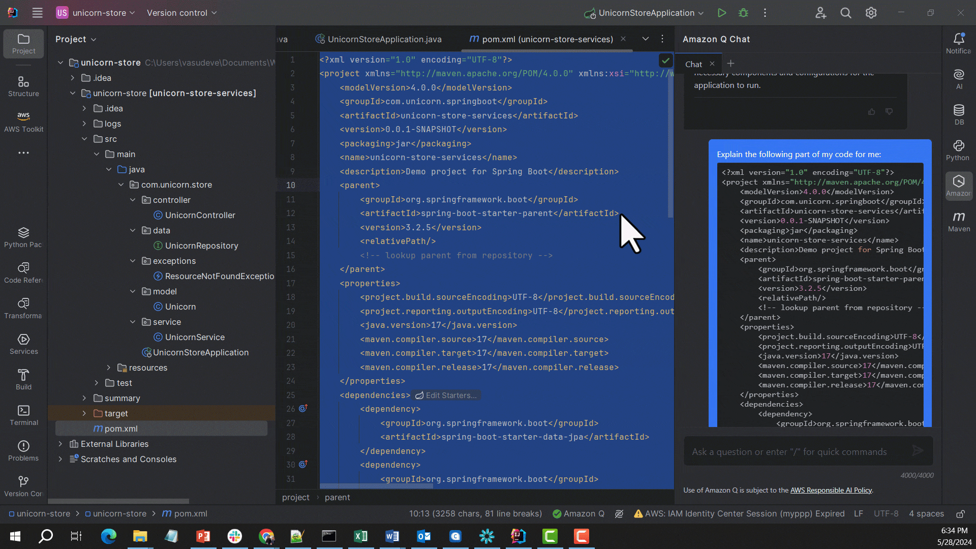 In the IntelliJ IDE, user sends the content of the pom.xml file to Amazon Q Chat window, and asks Amazon Q Developer “What is the recommended way to make this micro service, cloud native and deploy to AWS?” Amazon Q generates the steps and a high-level implementation guide. In this case, it includes suggestions to containerize the application, use Amazon Elastic Container Registry, deploy to Amazon Elastic Container Service (ECS), implement a load balancer, leverage AWS Fargate, implement monitoring and logging, implement CI/CD, leverage other AWS managed services, implement security best practices, monitor and optimize the deployment.