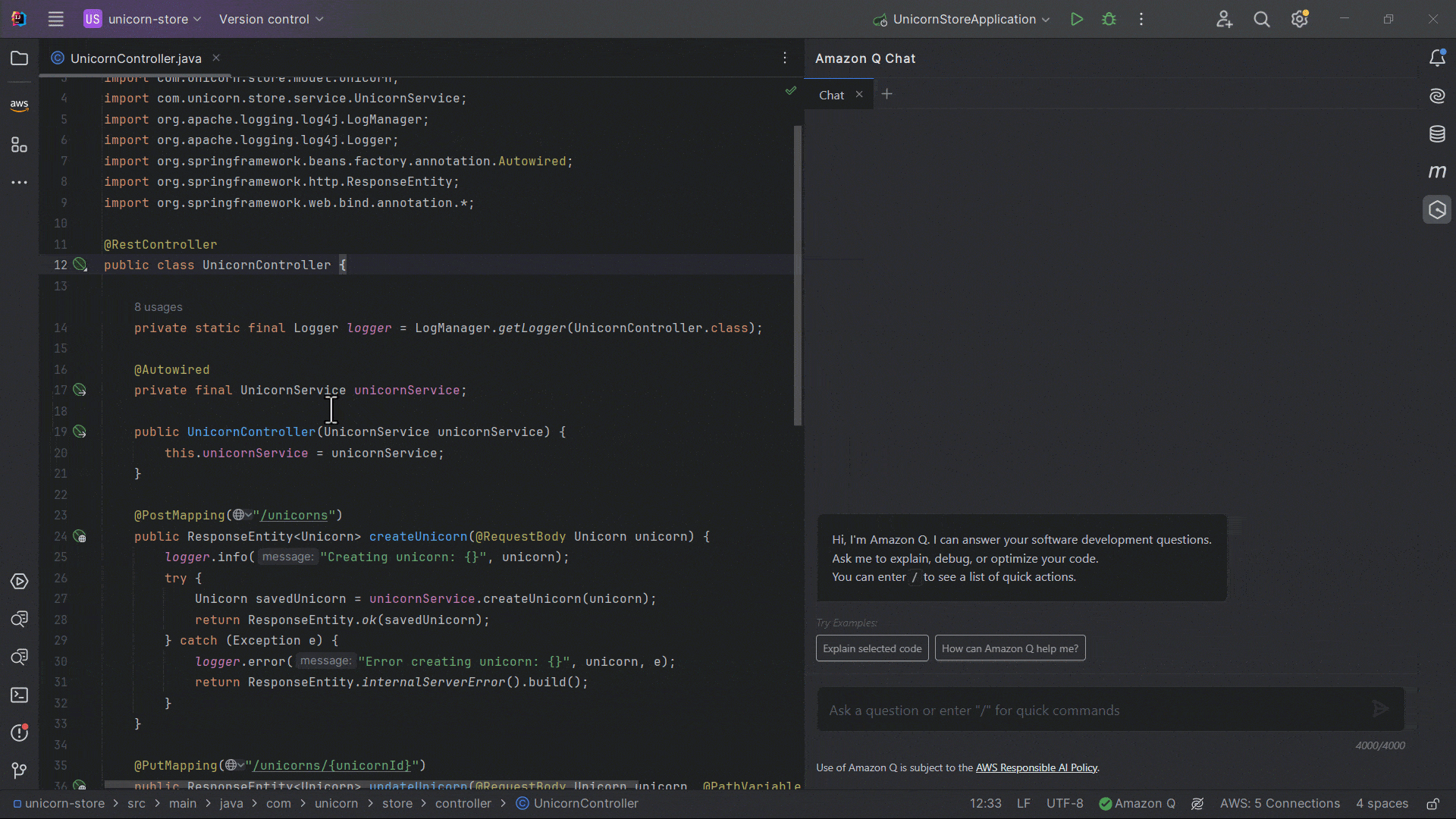 In the IntelliJ IDE, user highlights a section of code (createUnicorn and updateUnicorn methods in the UnicornController class in this case), and right-clicks on the highlighted code. This opens a context window. User selects Amazon Q, and then selects Refactor code. The code is now displayed in the Amazon Q Chat panel. Amazon Q Developer generates a refactored version of the selected code. It also provides a list of all the changes made and the benefit of changing the code.