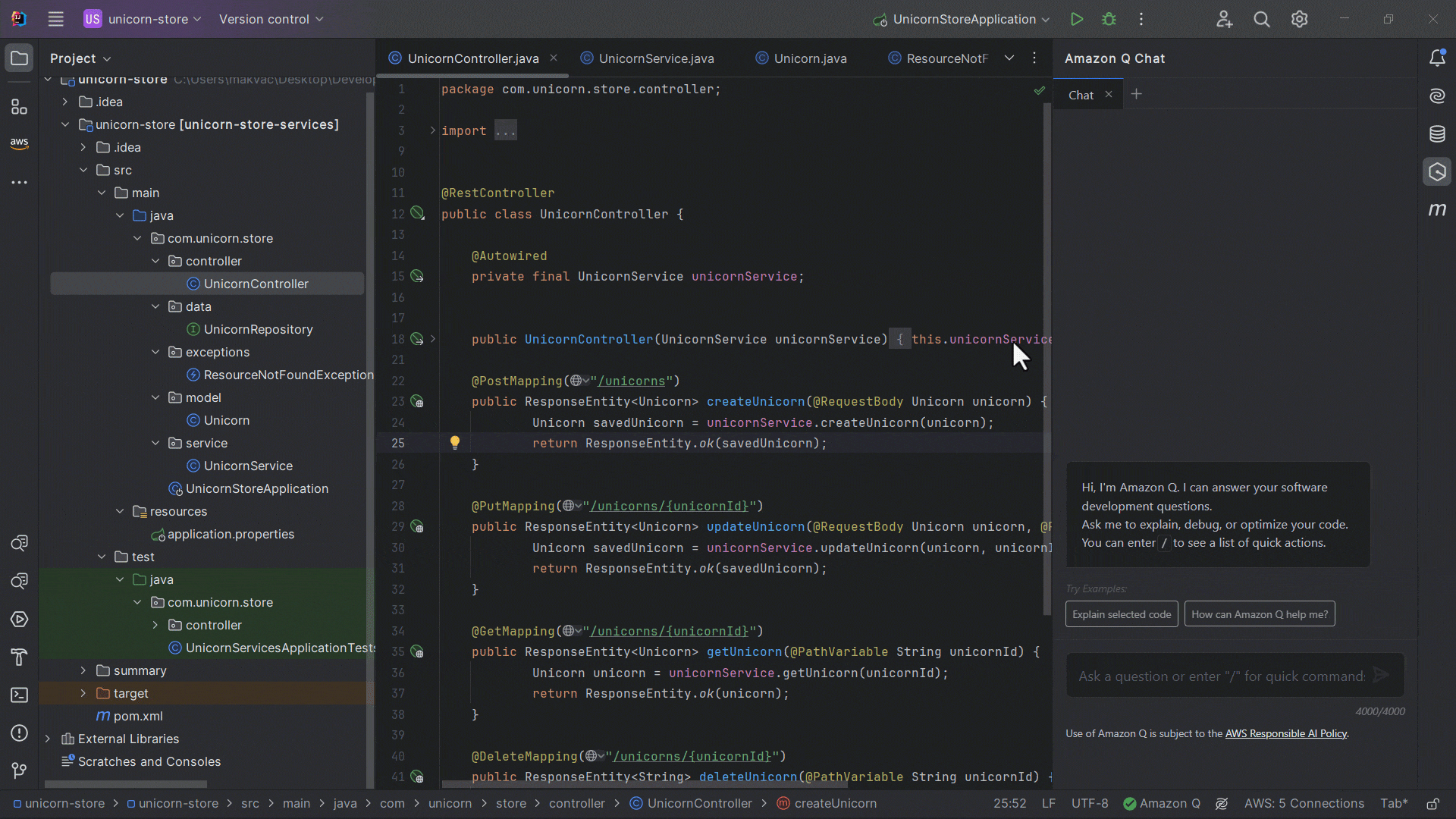 In the IntelliJ IDE, user has opened the code for one of the classes (UnicornController.java in this case). User right-clicks inside this file. This opens a context window. User selects Amazon Q, then selects Send to Prompt. The code is now displayed in the Amazon Q Chat panel. The user enters this message in the chat window: “Analyze the selected code and list all technical debt”. Amazon Q Developer generates a list of all potential technical debt or areas of improvement. It explains the impact of each technical debt.