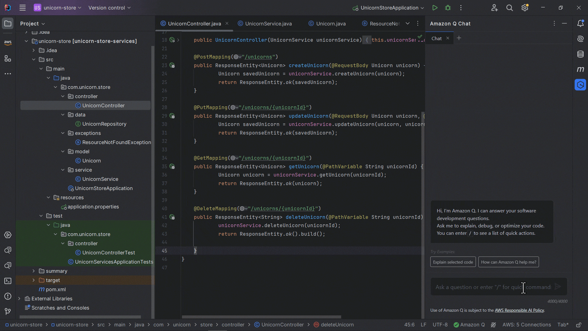 In the IntelliJ IDE, the user opens Amazon Q Chat panel, enters /dev and provides input about the task detail “Implement logging for critical REST endpoints. Log relevant error details such as request parameters and stack traces to facilitate debugging and troubleshooting”. The Amazon Q Developer agent for software development generates the steps to implement this task, including changes that will be made to existing files and any new files that will be created. User reviews all the changes, then clicks on Generate code button. Amazon Q generates a list of code suggestions. User clicks on a file from the list, and reviews the diff between the existing code in that file, and the new code generated by Amazon Q Developer. User then clicks on Insert Code button.