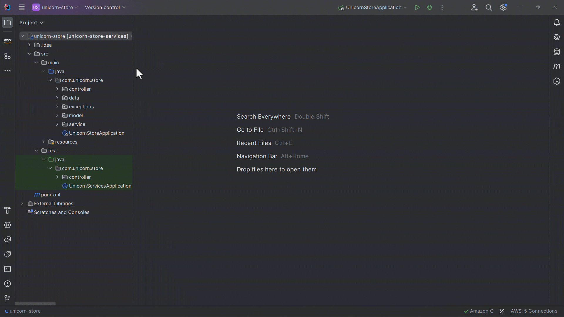 IntelliJ IDE showing the Amazon Q chat panel open with the /transform command entered and details provided about the project to upgrade. This triggers the Amazon Q Developer agent for code transformation to analyze the code, generate a transformation plan, and upgrade frameworks and libraries like Spring, Spring Boot, JUnit, and Log4j to be compatible with Java 17.