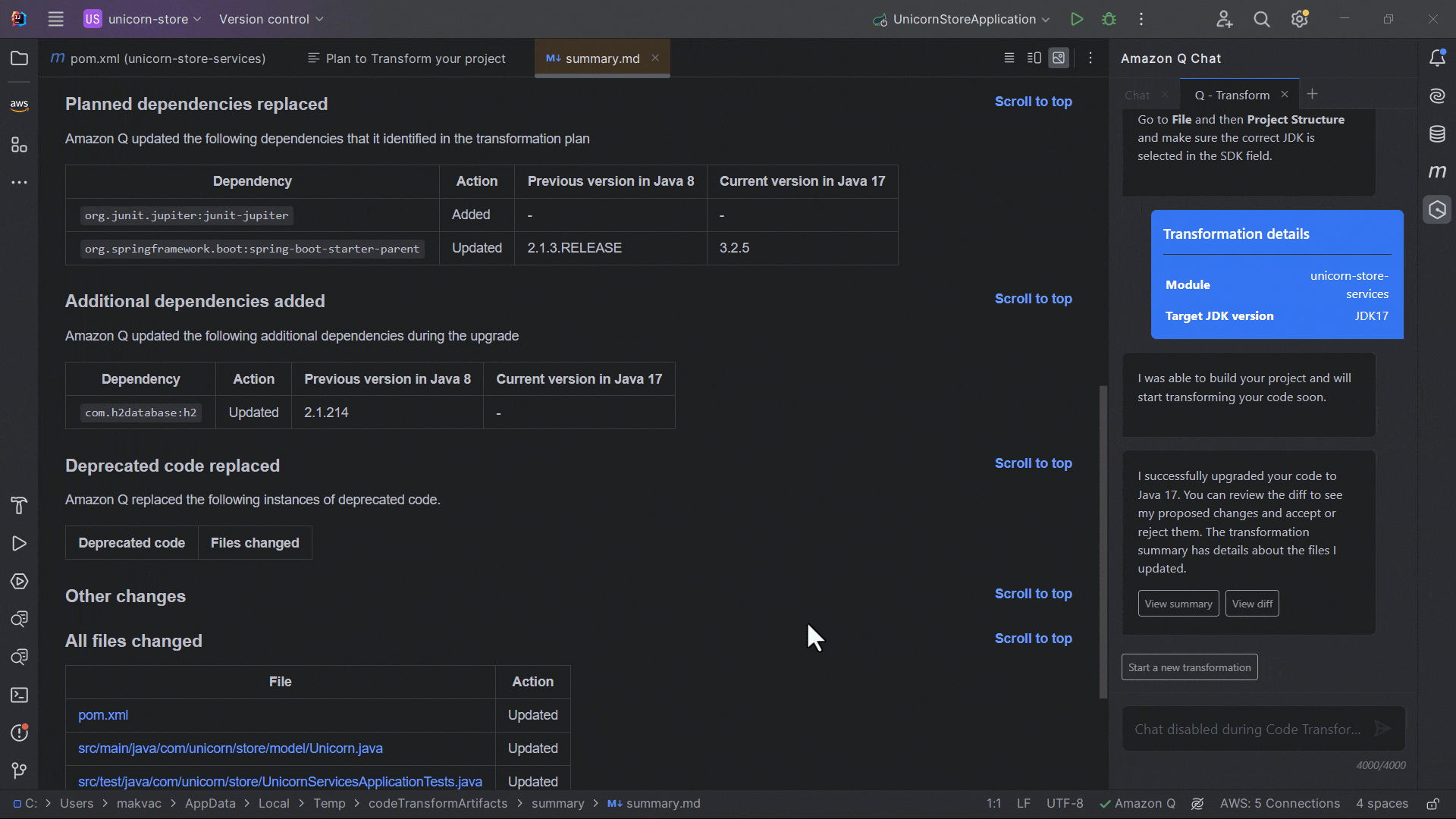 In the IntelliJ IDE, Amazon Q Developer agent for code transformation summarizes all the changes it made after the transformation of the current project to Java 17 is complete. User clicks on the View diff button. The list of all the files that have been modified or added is displayed. User has the option to review the diff, and then accept or reject them.