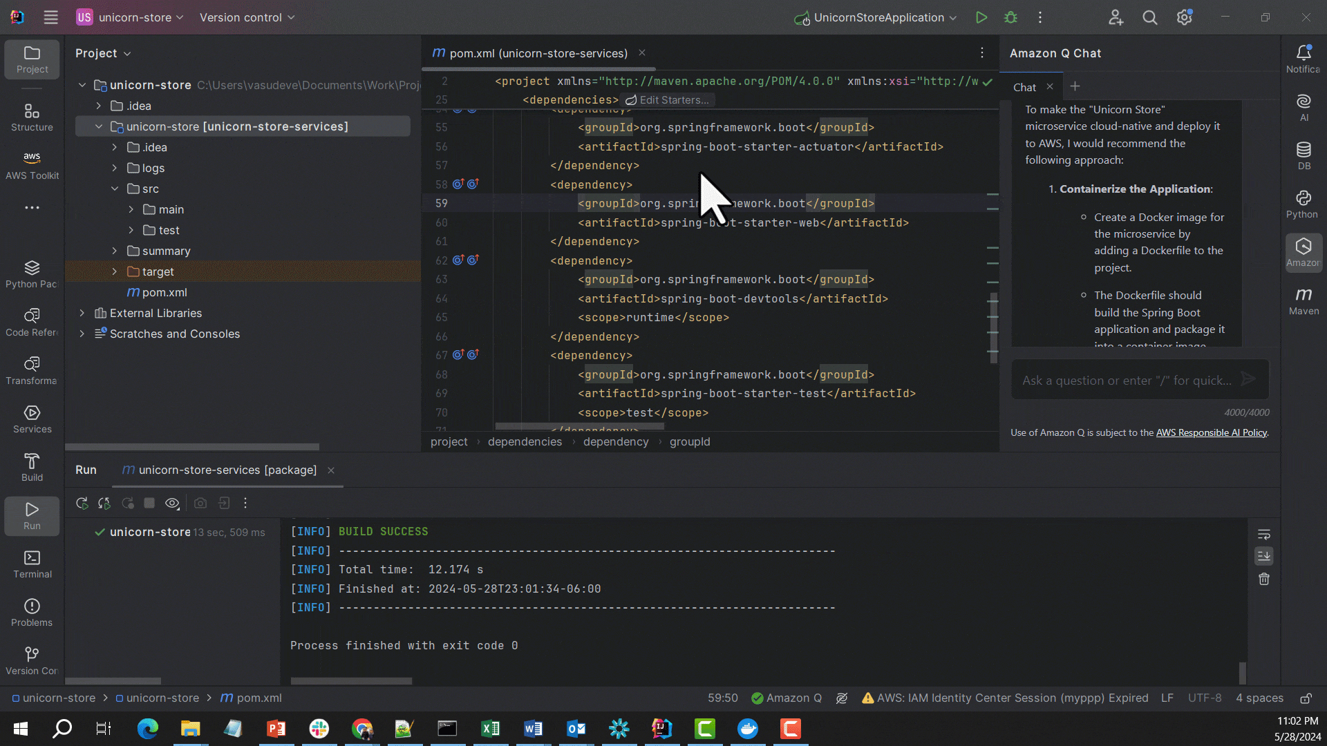 In the IntelliJ IDE, user continues the conversation in the previous chat window. User asks Amazon Q Developer to provide implementation for the step 1 (containerize the application) and create a Dockefile for the application. Amazon Q generates a Dockerfile that includes all the necessary steps. User creates a new file named Dockerfile, and copies the contents from the chat window to the new file. Next, user opens the terminal within the IntelliJ IDE. User copies the build and run commands from the chat and pastes it in the terminal window. The application successfully builds in the docker container. Finally, application runs successfully as a docker container.