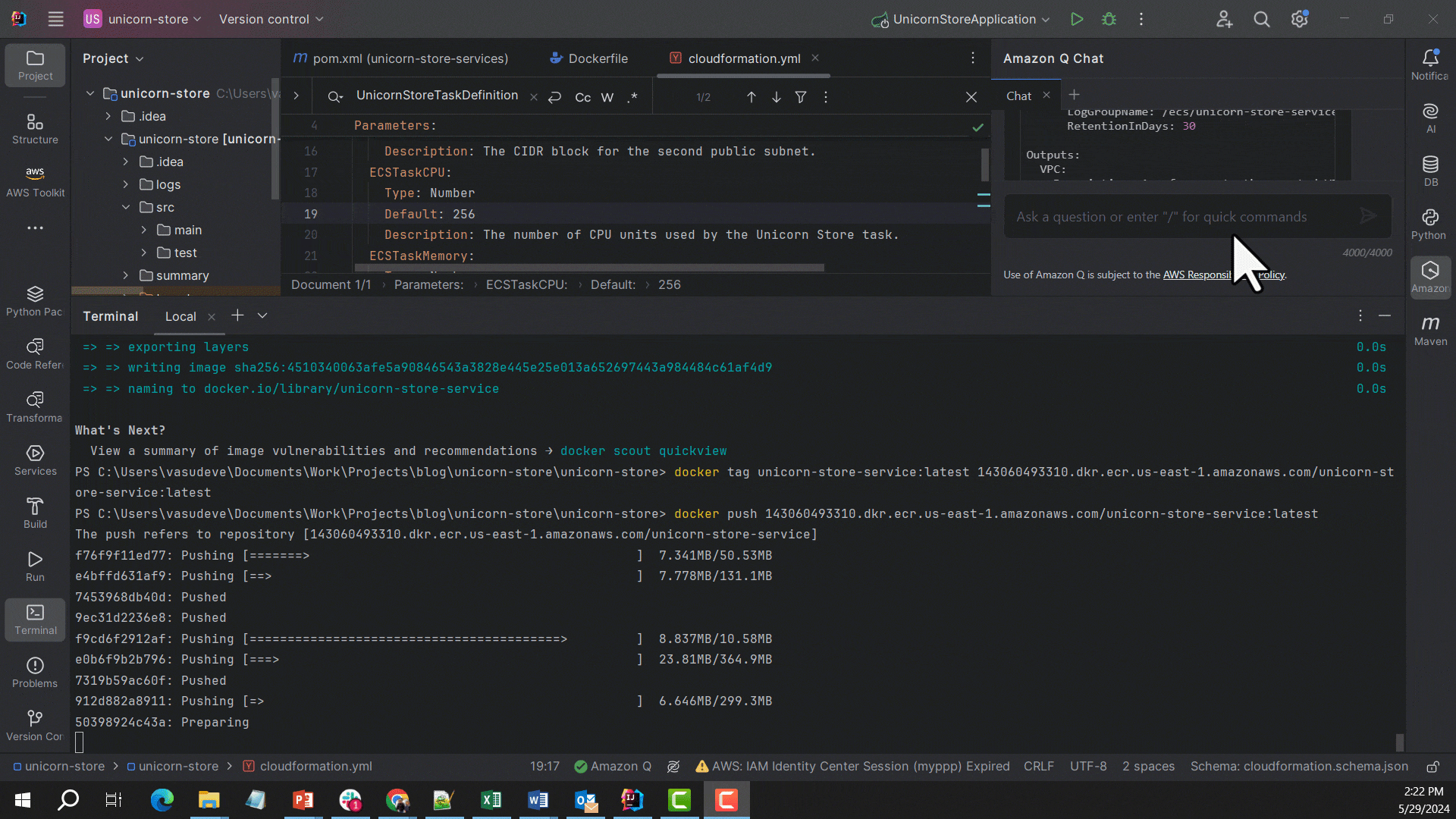 In the IntelliJ IDE, user runs the commands to push the docker image of the application created using Amazon Q Developer.