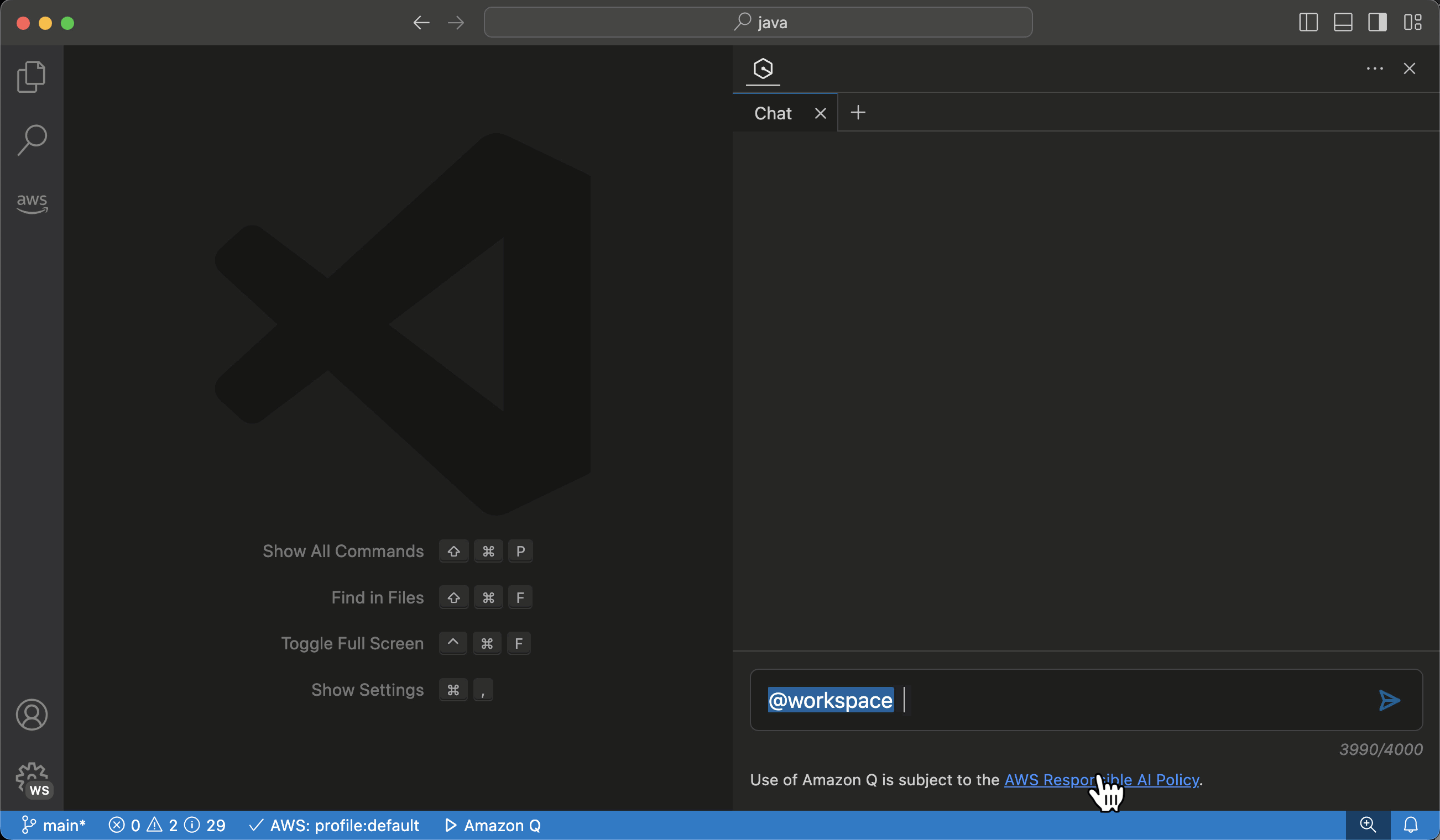 Animation showing how to Amazon Q Developer chat will indicate when workspace context is enabled and how to enable in settings.