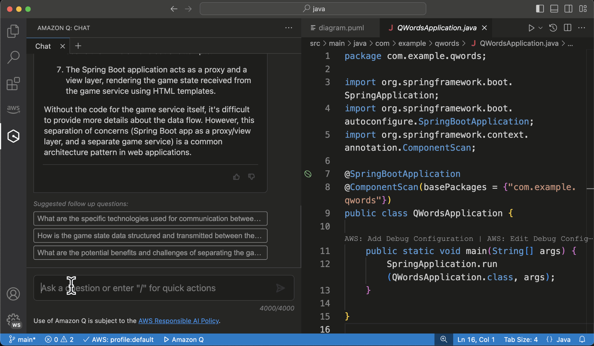 Animation of a chat conversation using the workspace context capability in Amazon Q Developer. The user requests '@workspace Can you provide a UML diagram of the dataflow between the front-end and the back-end?'. 