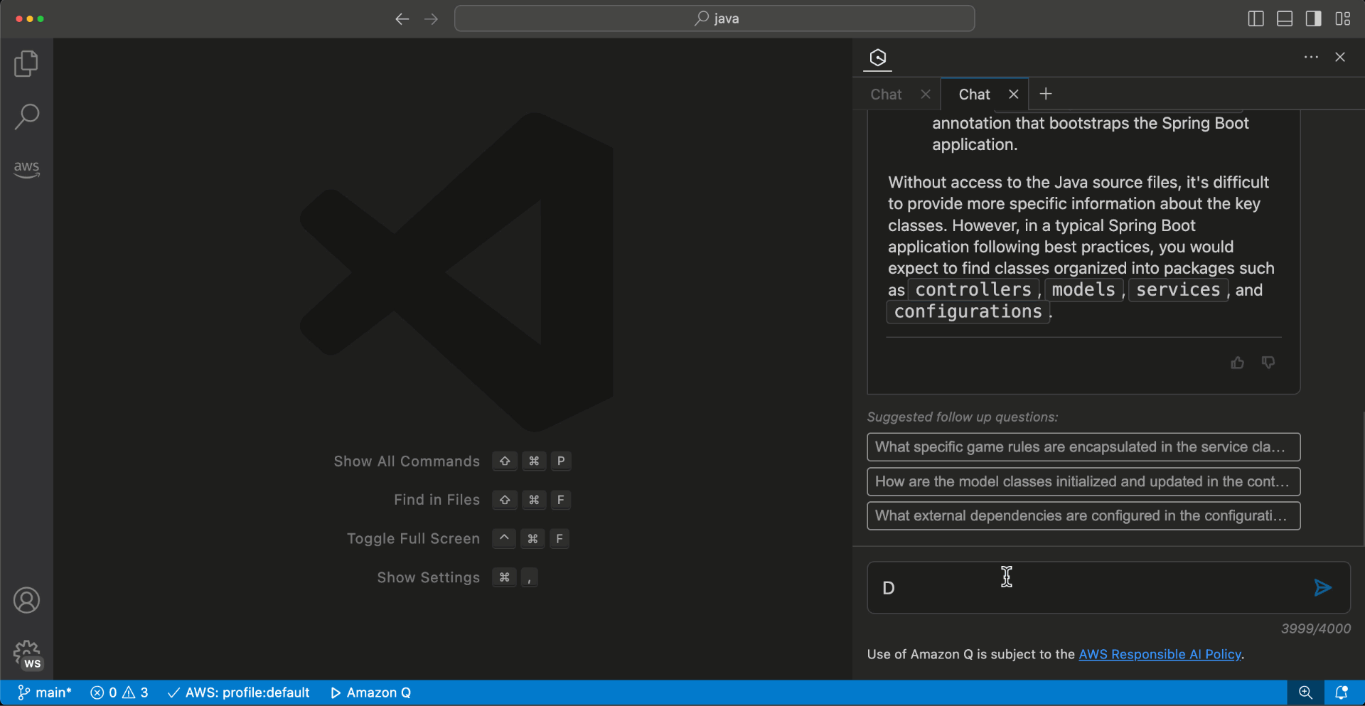 Animation of a chat conversation demonstrating the workspace context capability in Amazon Q Developer. The user asks '@workspace Does this application authenticate players prior to starting a game?'. Q Developer responds with a detailed explanation of the application's behavior, indicating that it does not perform player authentication before starting a game.