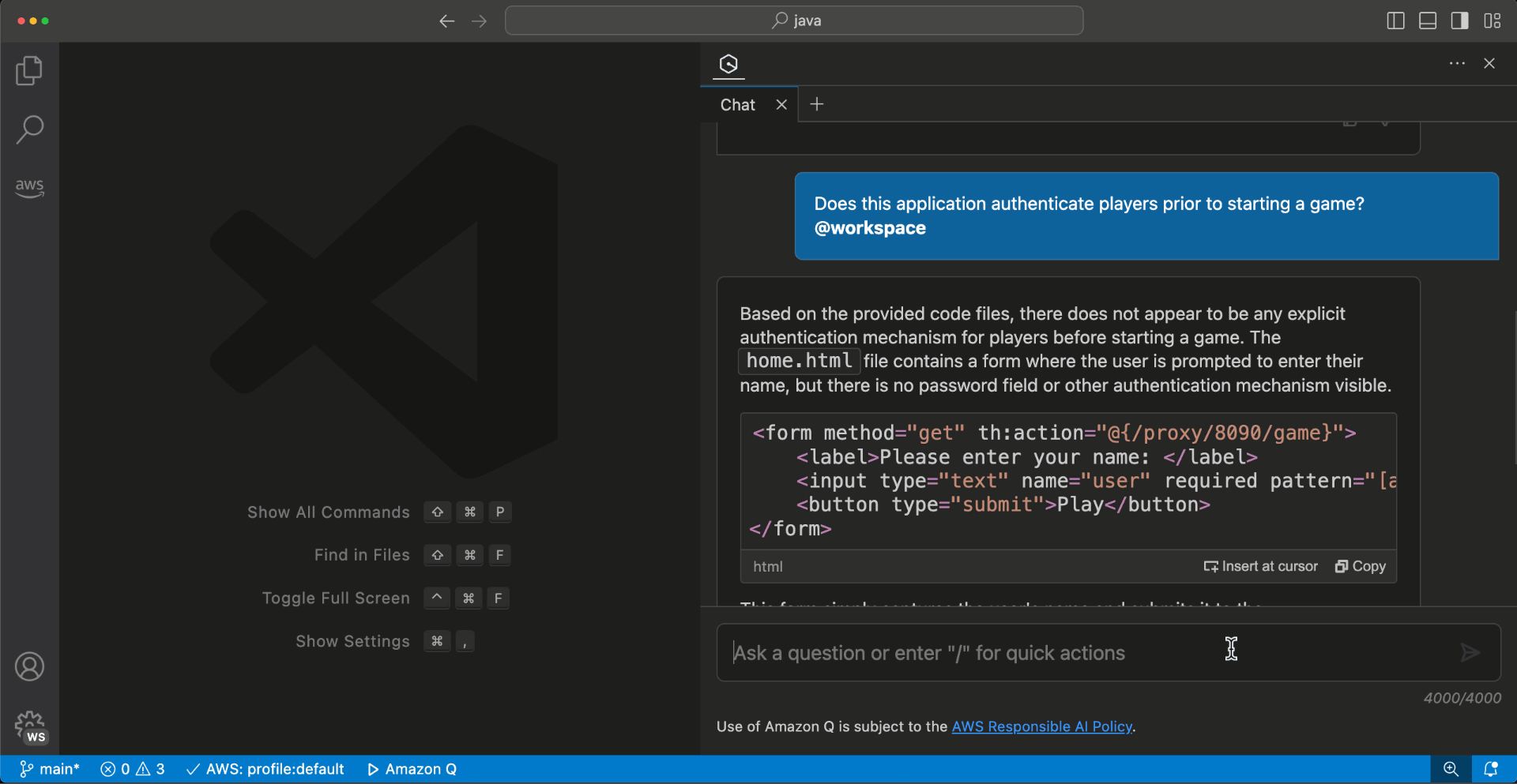 Animation of a chat conversation using the workspace context capability in Amazon Q Developer. The user requests '@workspace Can you document using markdown the workflow to start a game?'. Q Developer responds with detailed markdown-formatted documentation outlining the steps and code involved in starting a game within the application.