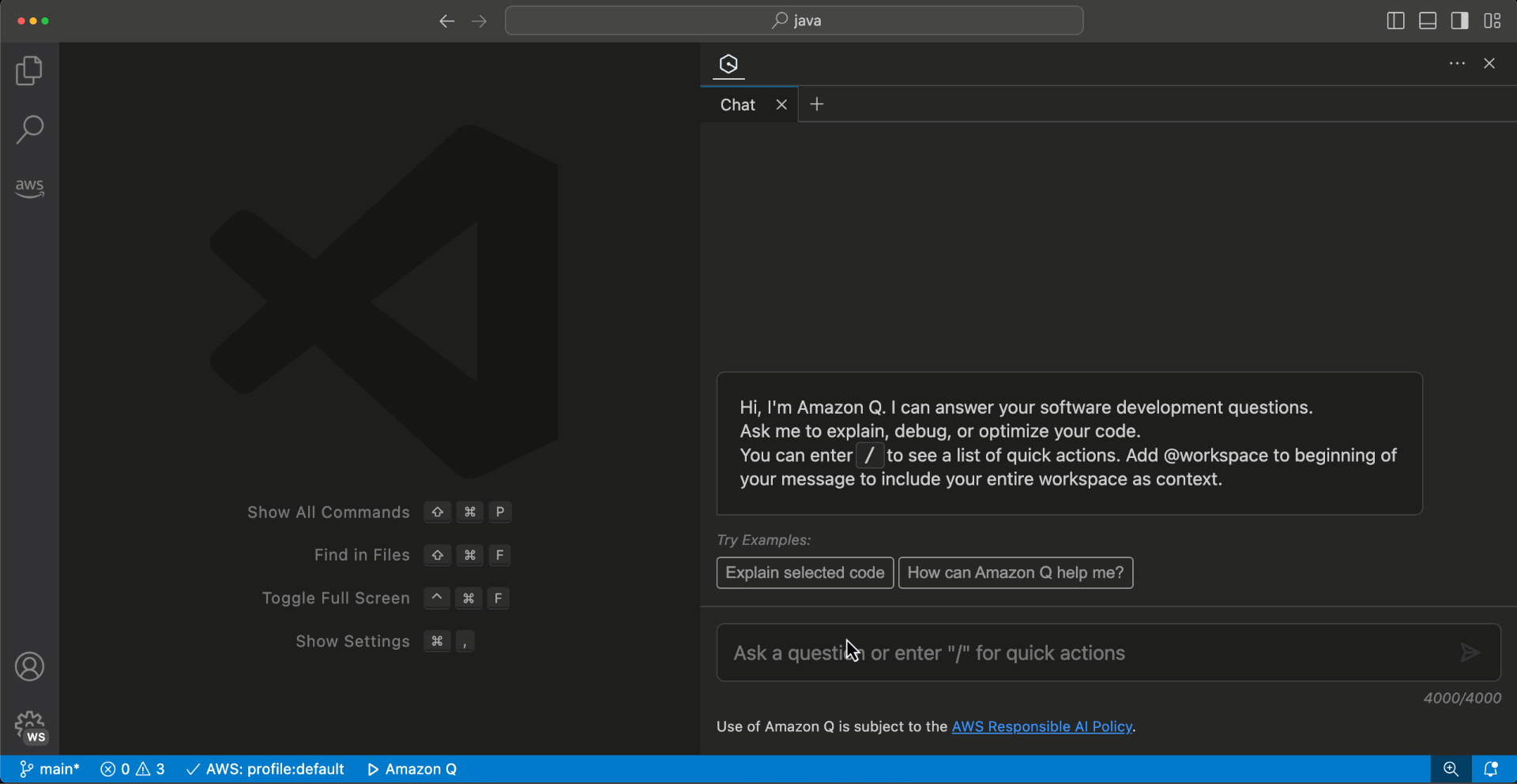Animation of a chat conversation using the workspace context capability in Amazon Q Developer. The user inquires 'How does this application validate the guessed word's correctness? @workspace '. Q Developer provides an explanation detailing the specific classes and functions involved in validating a player's word guess within the application.