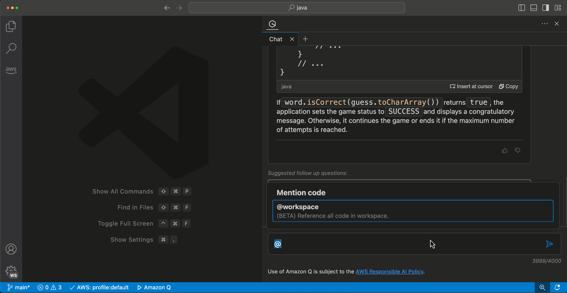 Animation of a chat conversation using the workspace context capability in Amazon Q Developer. The user asks '@workspace How are the results of this validation rendered to the web page?'. Q Developer explains the process of rendering the validation results on the web page, including identifying the specific code responsible for this functionality.