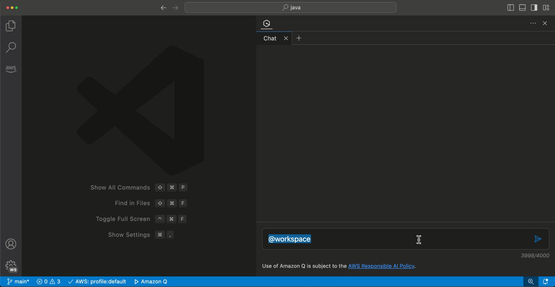 Animation of a chat conversation using the workspace context capability in Amazon Q Developer. The user requests '@workspace Find the class that generates the random words and create a unit test for it'.