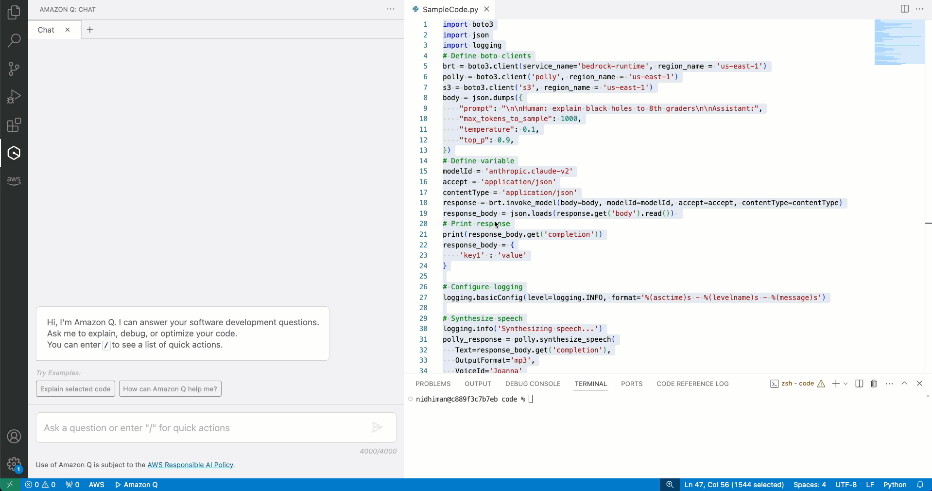 Process of submitting selected code to Amazon Q Developer for automated bug fixing