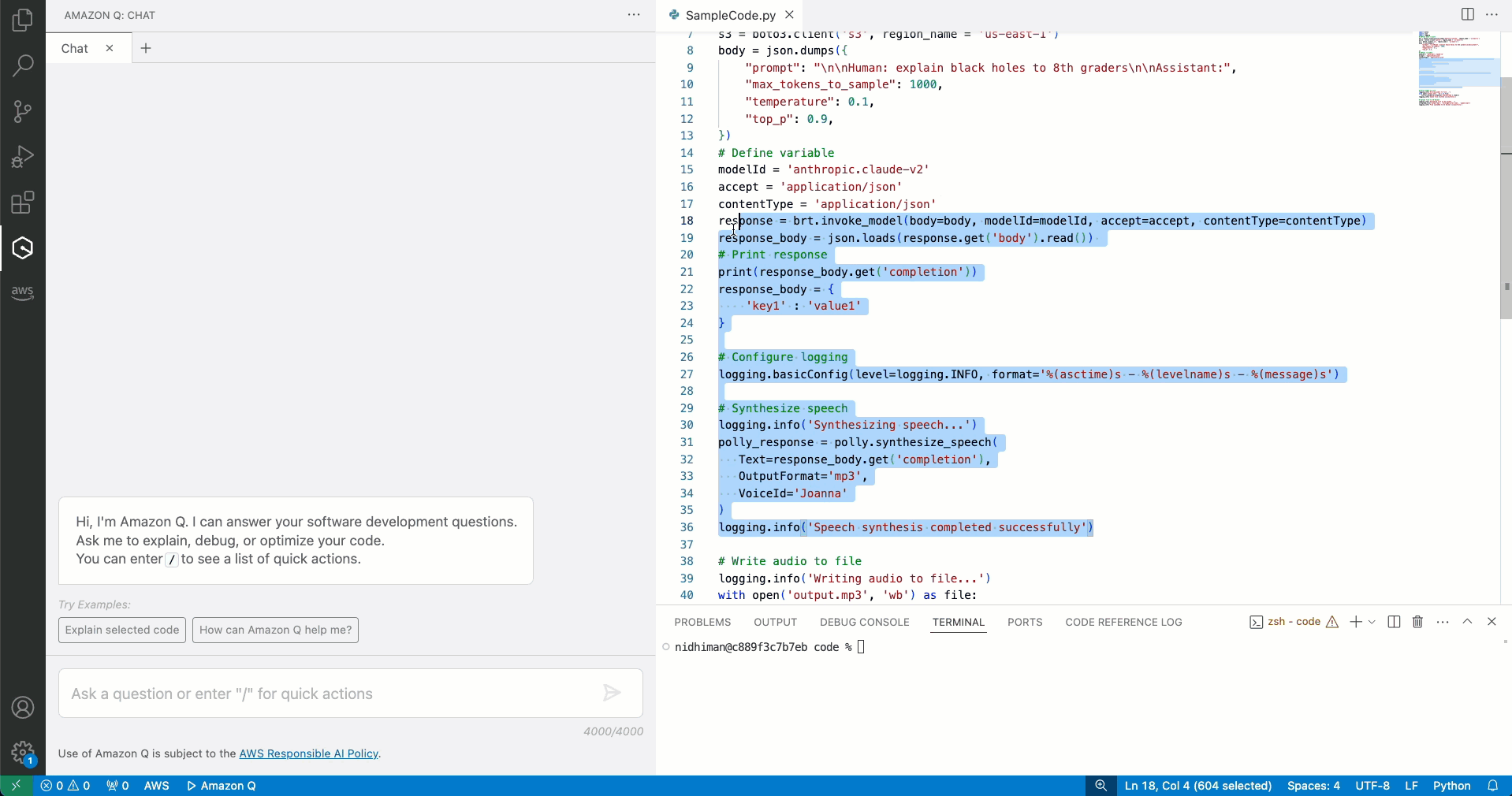 Process of submitting selected code to Amazon Q Developer for automated bug fixing