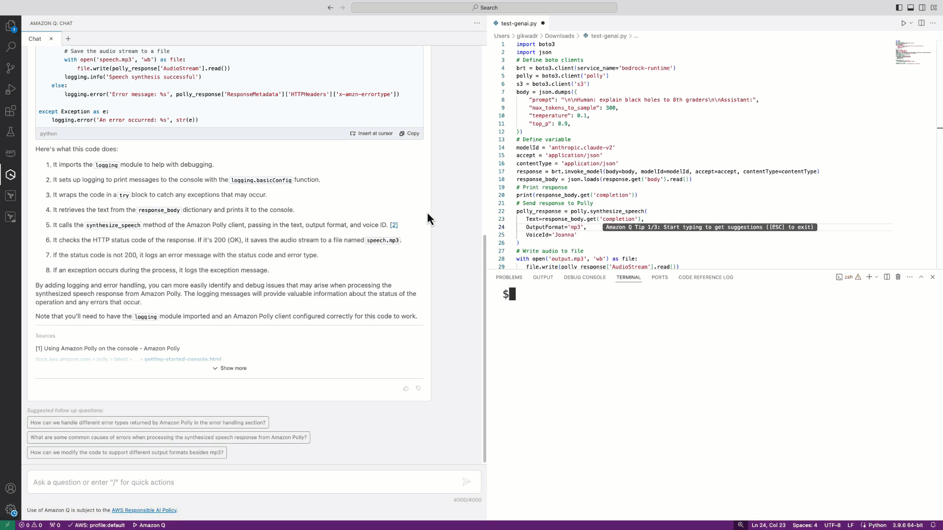 Amazon Q Developer interface illustrating the addition of debugging code to the original code snippet