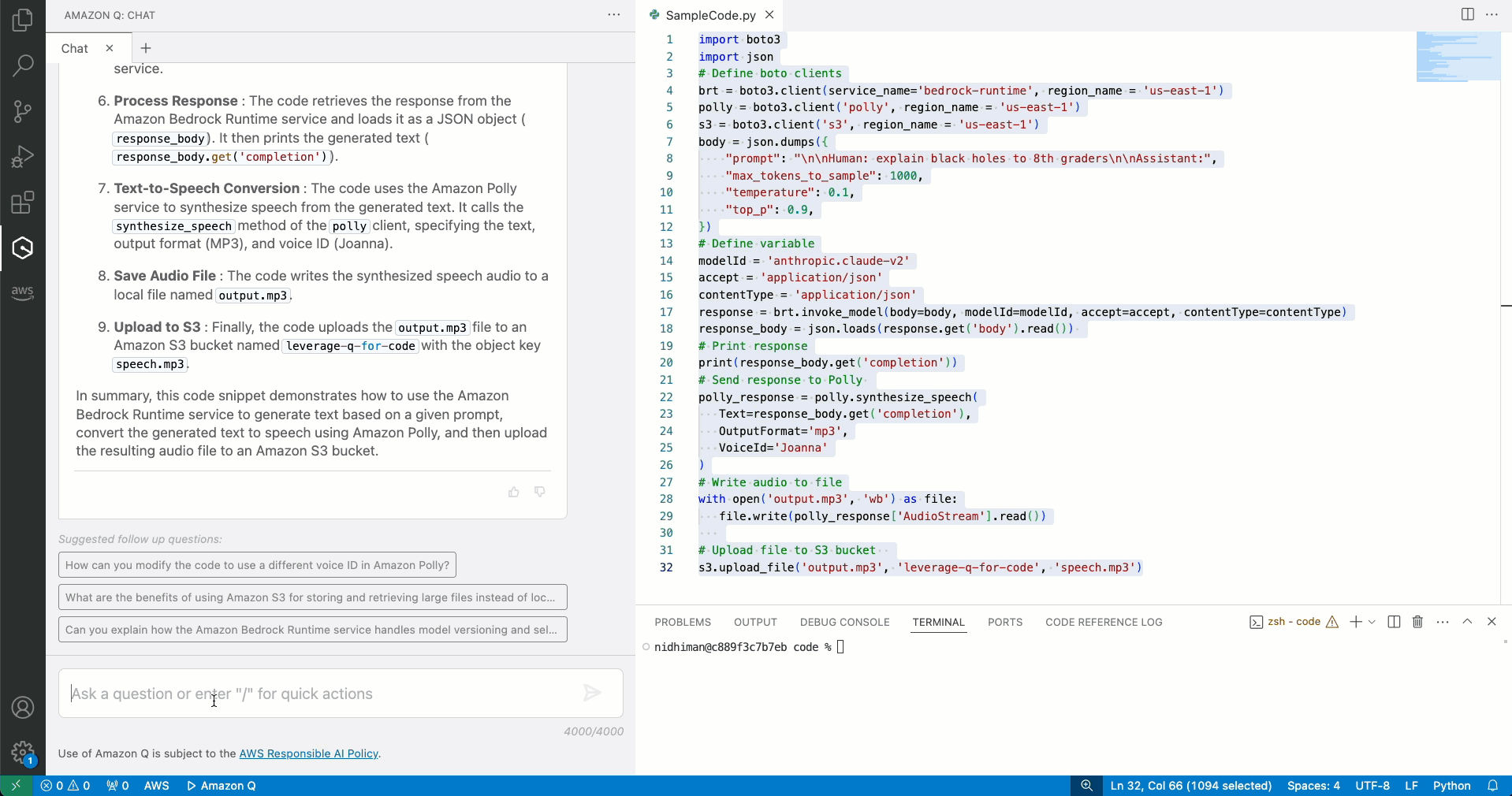Amazon Q Developer explains how Polly is used to Synthesize in the given code
