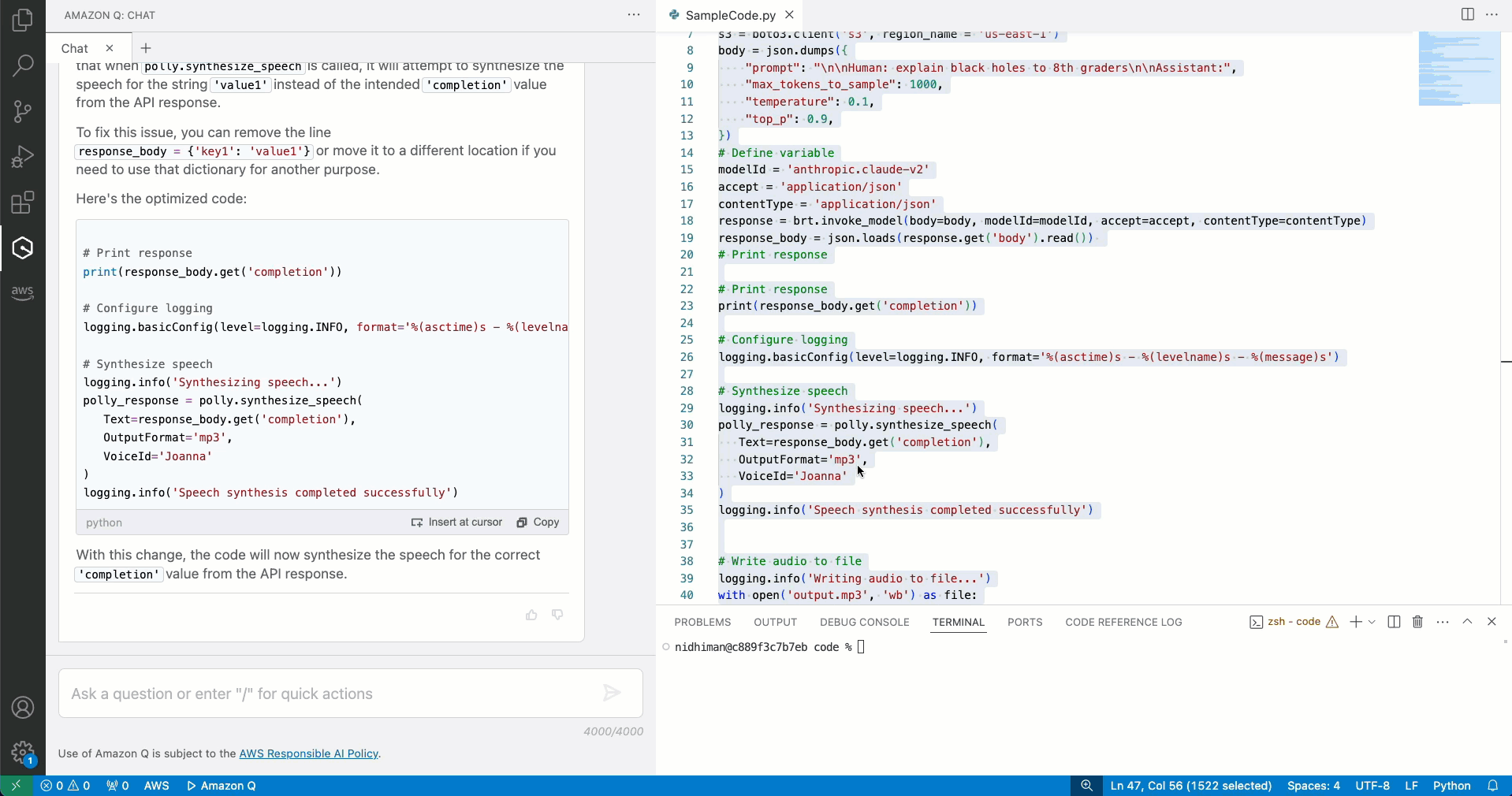Recommendations and solutions provided by Amazon Q Developer to address issues in the code blocks