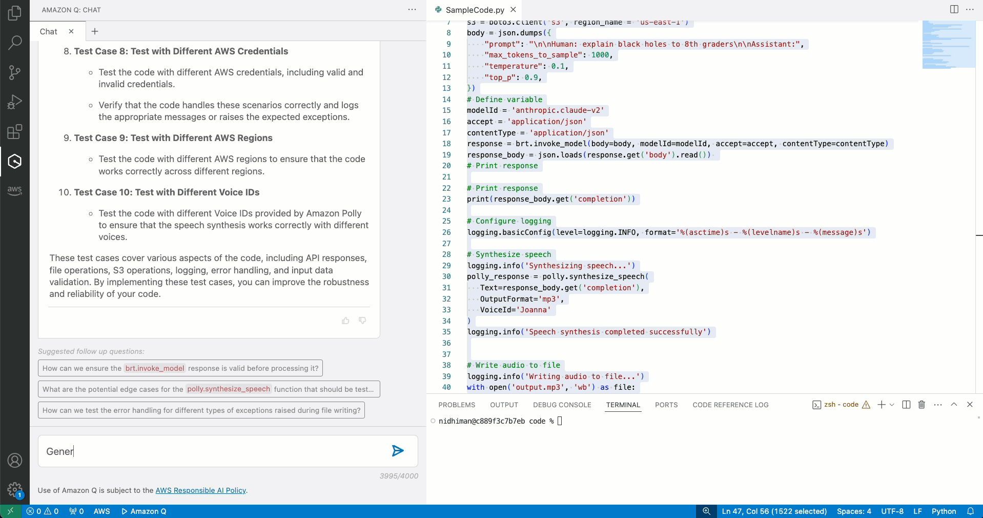 Test cases proposed by Amazon Q Developer for evaluating the example application code