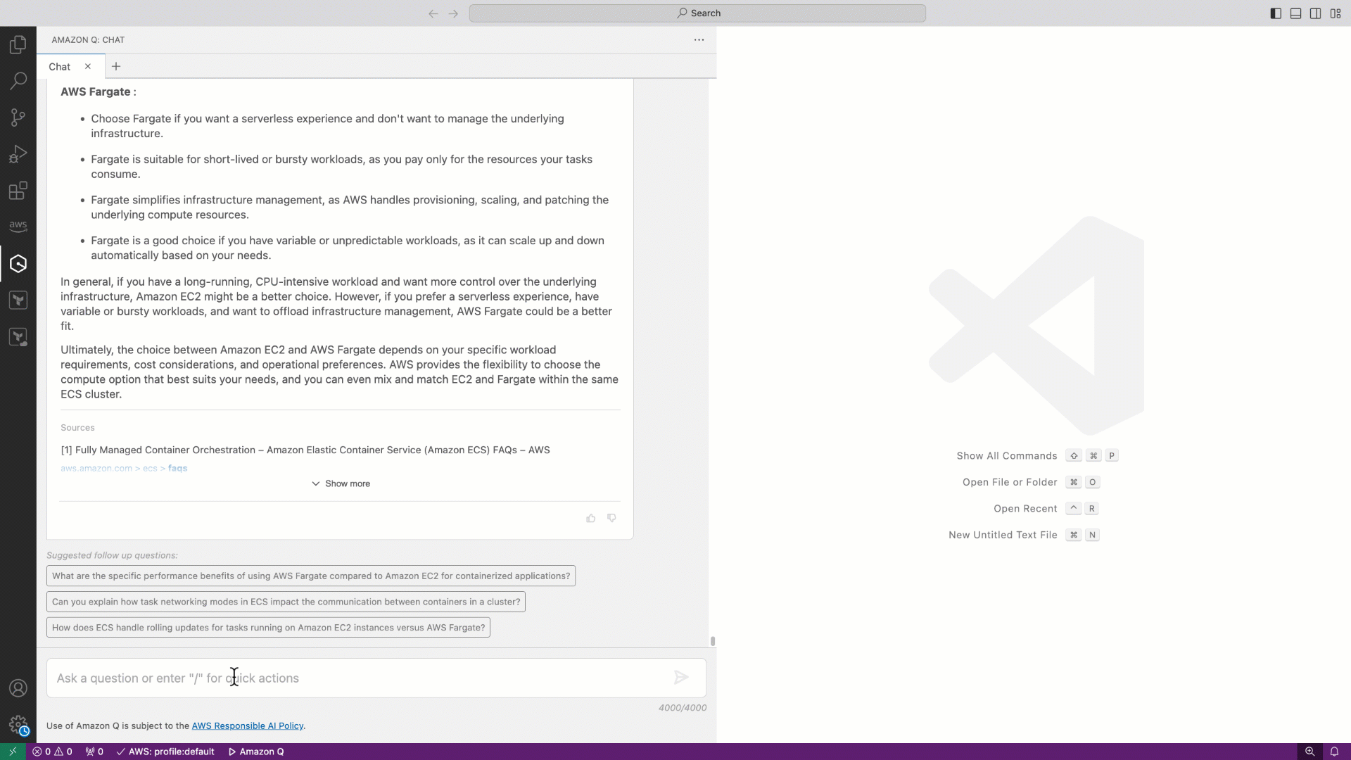 Generated Terraform code snippet for deploying Amazon ECS on Fargate shown by Amazon Q Developer