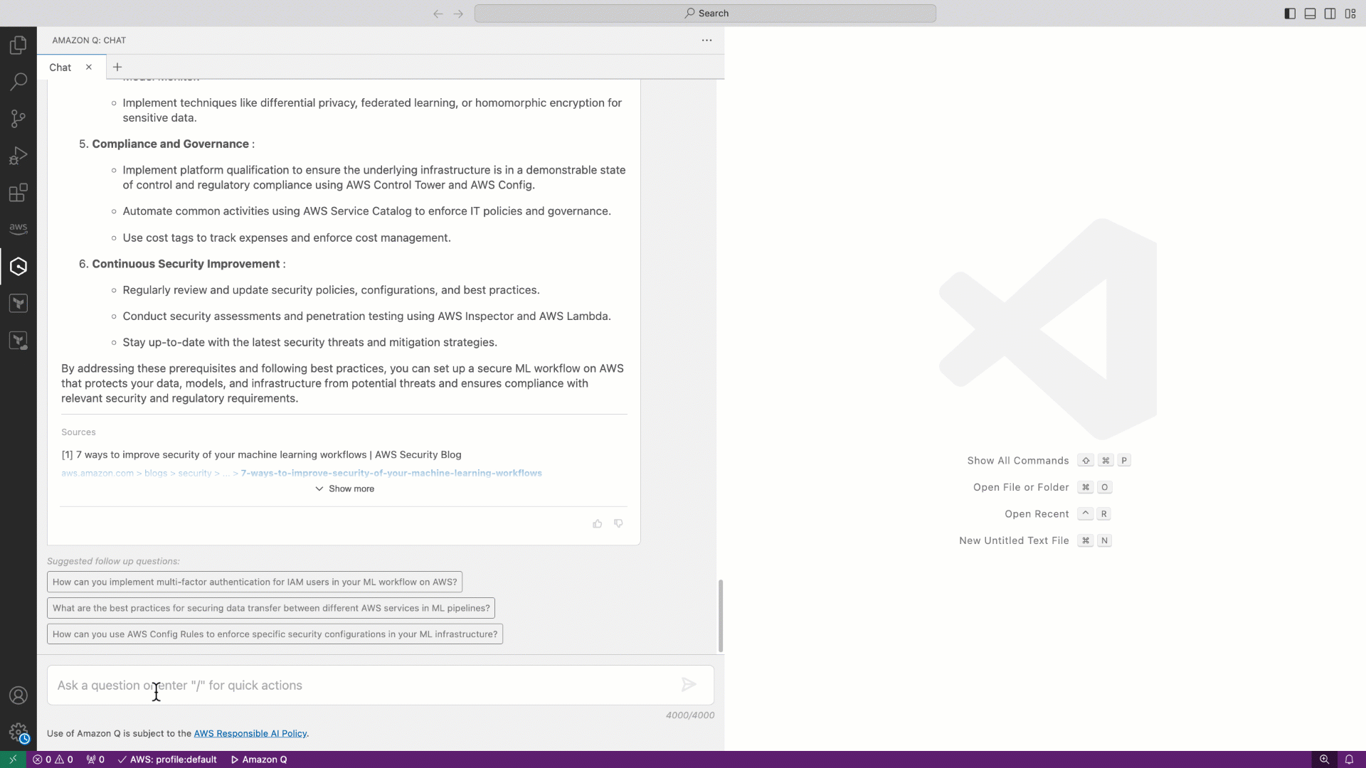 Amazon Q Developer's recommendations for best practices in secure ML workflows