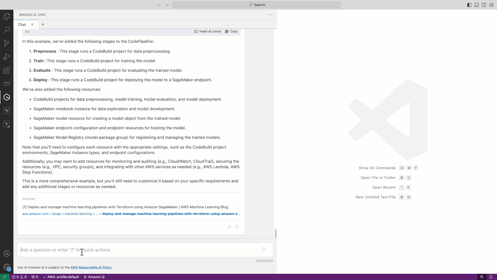 Amazon Q Developer will generate Terraform snippets for isolated VPC, Security Group, S3 bucket and SageMaker pipeline. Now, as shown earlier, we can leverage Amazon Q Developer to generate Terraform code for each and every resource using comments.