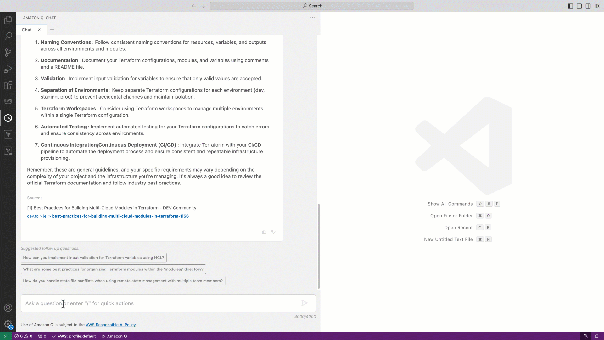 Screenshot of the Terraform folder structure generated by Amazon Q Developer