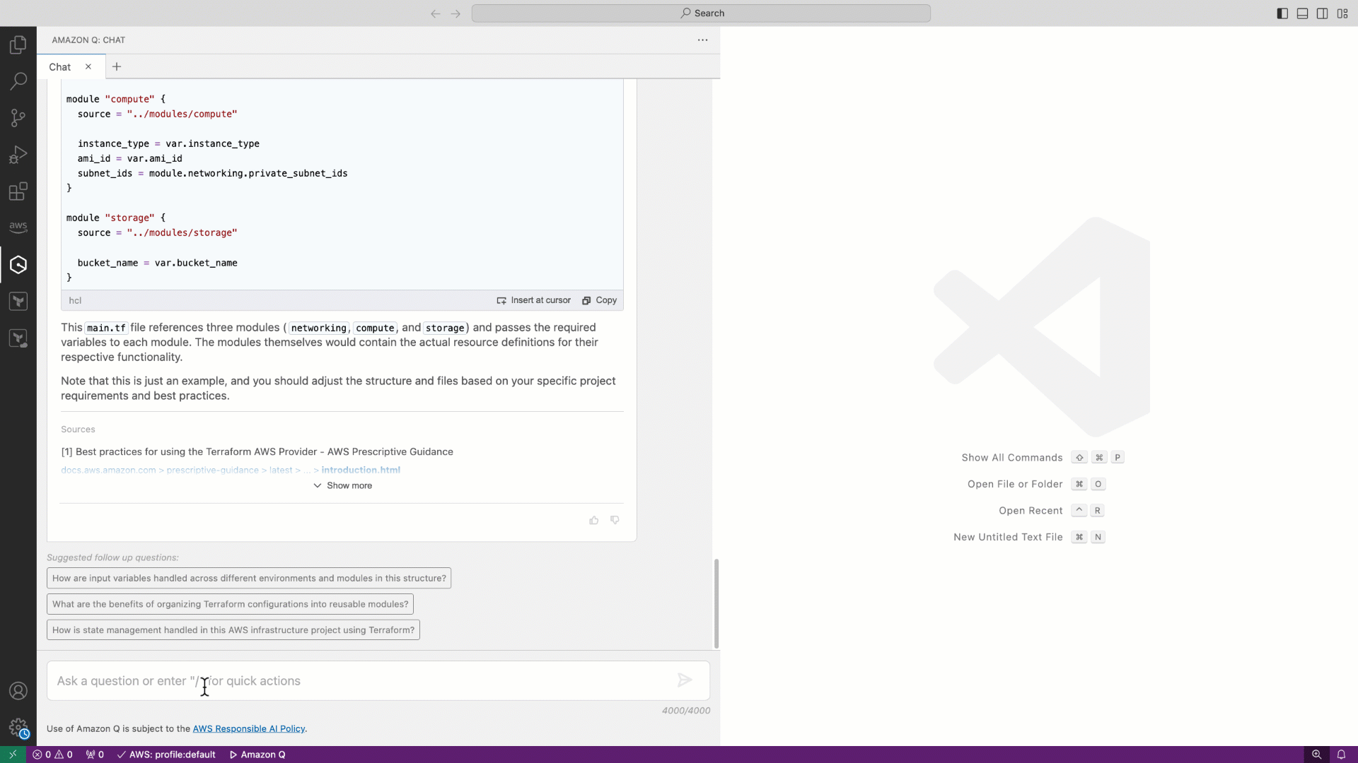 Amazon Q Developer interface displaying recommendations for core Amazon VPC components