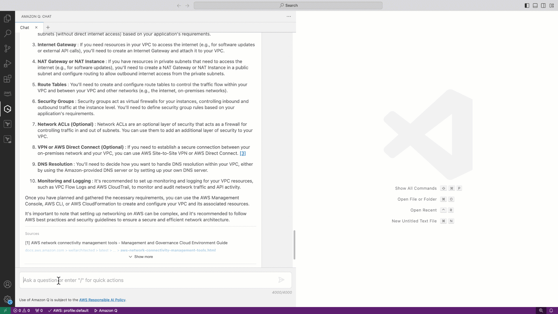 Generated Terraform code snippet for VPC and Subnets shown in the Amazon Q Developer interface
