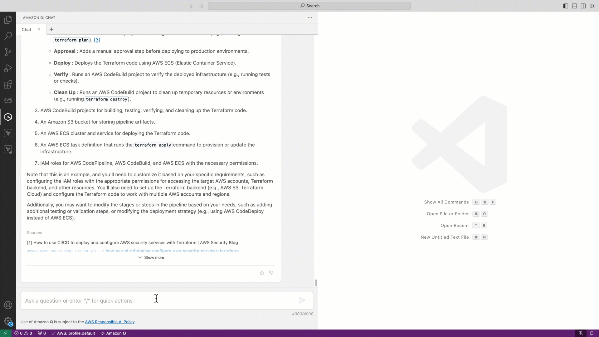 Interface showing Terraform code snippets for CI/CD pipeline stages generated by Amazon Q Developer
