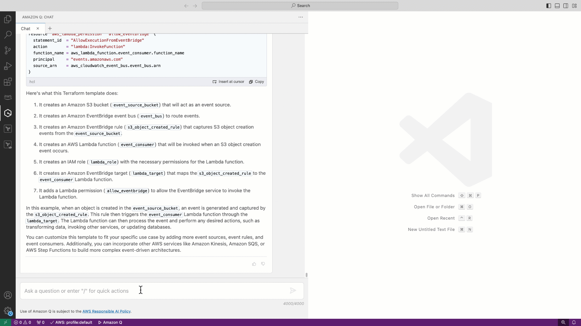 Amazon Q Developer interface explaining Amazon ECS and its compute options