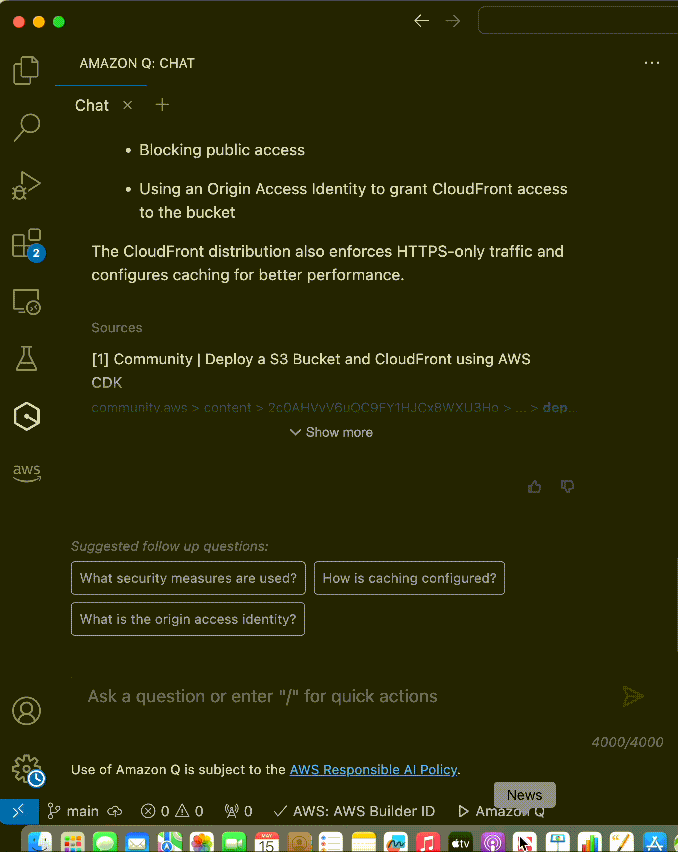 Using Amazon Q Developer to add CloudTrail logging to the S3 bucket