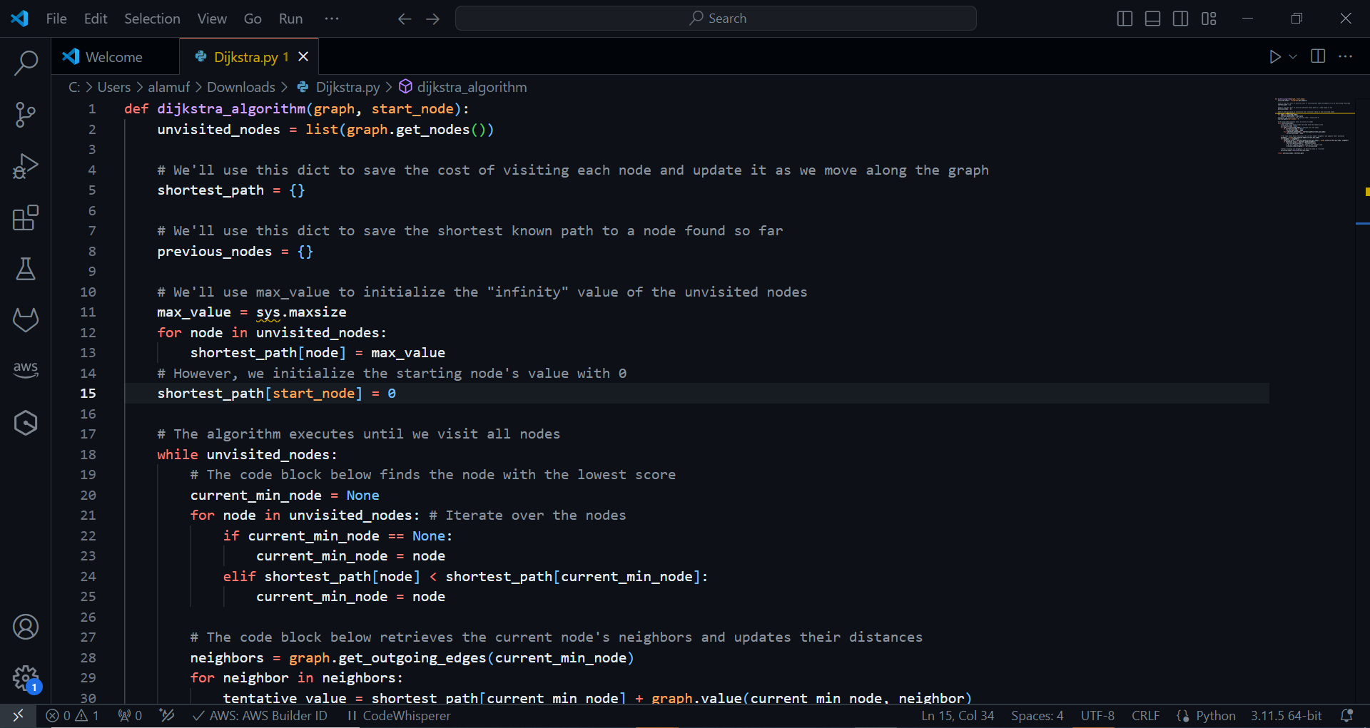 This image shows a block of Python code in an IDE implementing Djikstra’s Algorithm for path-finding