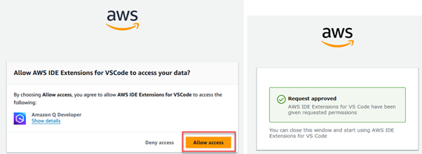 The diagram illustrates how can you provide VS code IDE permission to access Amazon Q service.