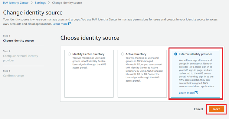 This diagram illustrates how to choose an External identity provider in the Source account when using AWS Identity Center. 