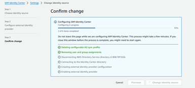 The diagram illustrates AWS IAM Identity center metadata configuration changes progress information.